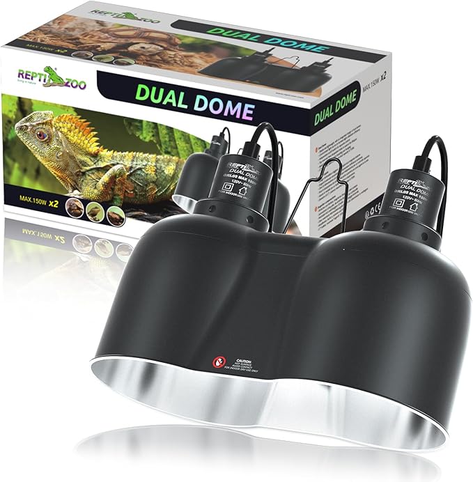 REPTI ZOO Dual Reptile Light Fixture, Max 150W Dual Dome Heat Lamp Fixture with Independent Switches Reptile Tank Accessories UVB Light Fixture (Bulb Not Included)