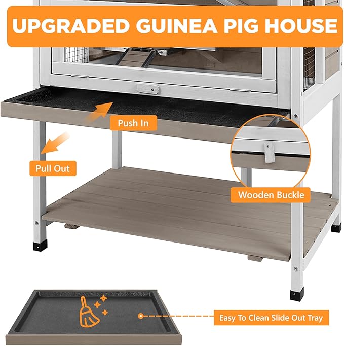 Multi-Platform Guinea Pig Cage Indoor, Wooden Ramp with Metal Chewproof Strips, Pull Out Tray, Storage Shelf, Easy Clean & Assembly, Ideal for Guinea Pig, Chinchilla, Hamster, Rat