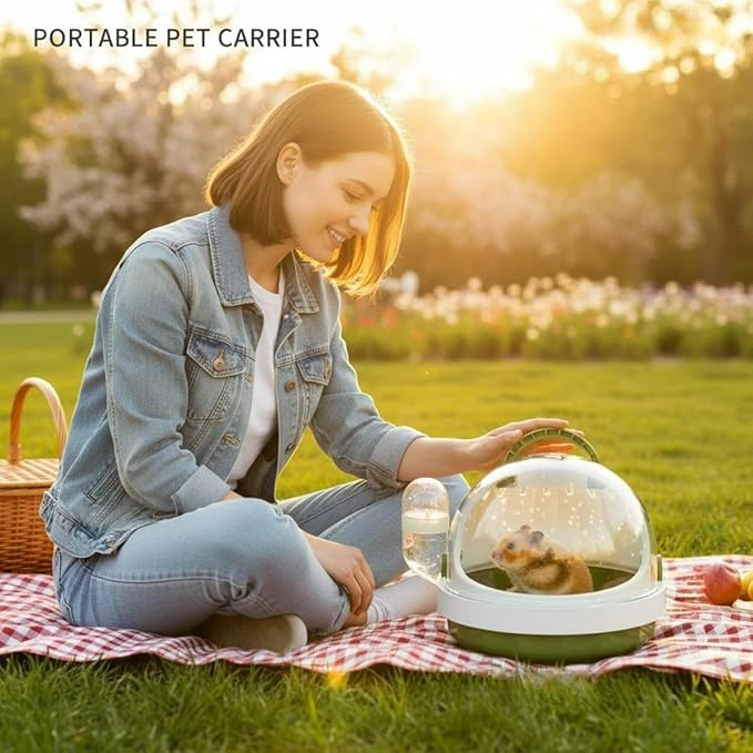 Portable Small pet Carrier with Water Bottle – Hamster Travel cage with Transparent Dome Design, Suitable for Hamsters, Sugar Gliders, and Guinea Pigs. (Moss Green)