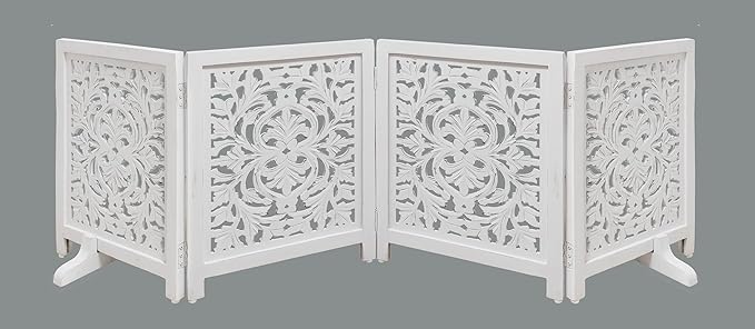 Lightnpro Wooden Foldable Pet Dog Safety Gate - 4 Panels 18" Wx24 H- Hand Carved Solid Wood and MDF - Freestanding Portable Indoor Doorway Hall Stairs Dog Puppy Fence- Fully Assembled - Antique White