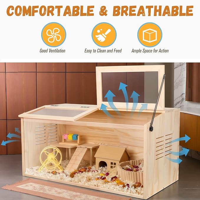 Wooden Hamster Cage,32" Lx16 Wx16 H,2 Washable Liner, Animal Cabinet for Dwarf Syrian Hamsters Degus, Hamster Habitat with Openable Top and Large Acrylic Sheets, Natural Wooden Hamster Habitat