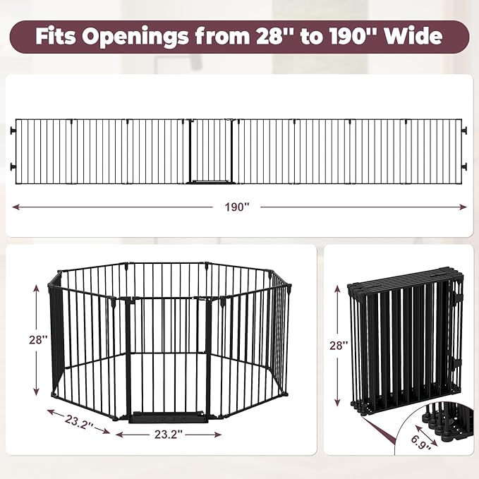 190" Extra Wide Baby Gate Playpen, Adjustable Baby Fence Play Yard, Long Dog Gates Indoor for Stair Doorway Fireplace, Large Child Gate for Toddler Kid Pet, Family Essentials Safty Gate, Black