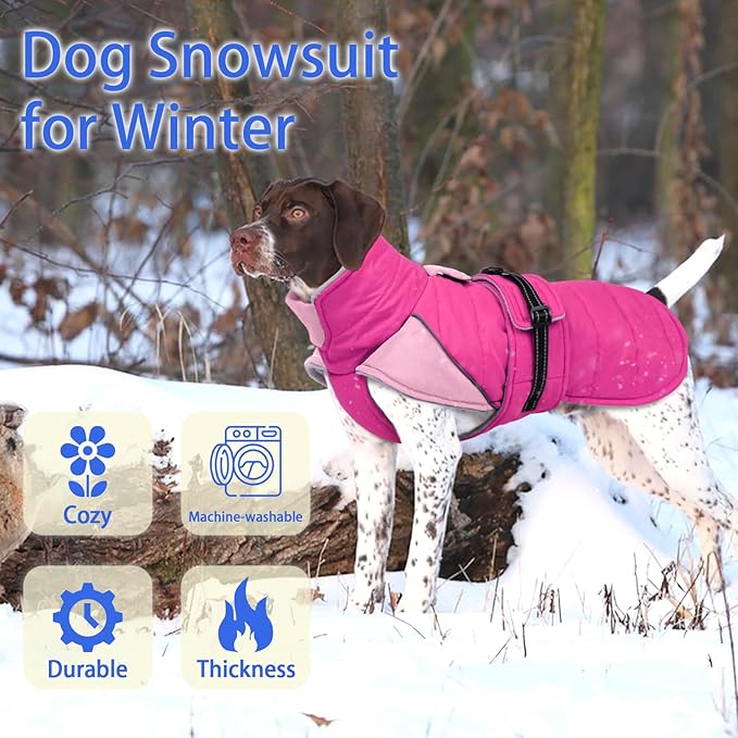 MIGOHI Thermal Large Dog Fleece Jacket - Rainproof Coat for Large Dogs, Thick Dog Winter Coat,Snow Jacket for Dogs Windproof for Hunting Camping,Windy Chilly Days,Doberman,Great Dane,3XL,Rosepink