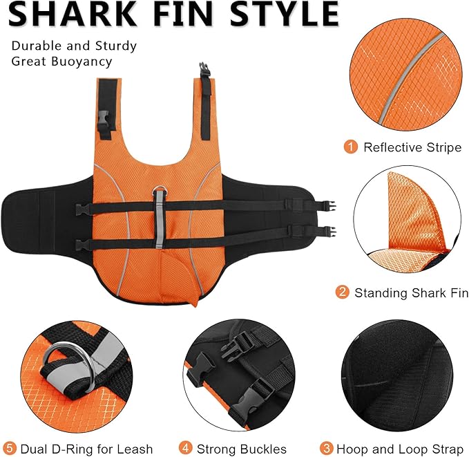 Queenmore Ripstop Dog Life Jacket Shark Life Vest for Dogs, Safety Lifesaver with High Buoyancy and Lift Handle for Small and Medium Breeds（Orange L）