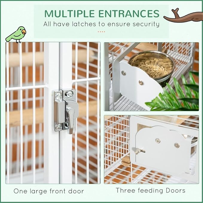 Bird Cage Outer Perch and Ladder,Hooks for Hanging Toys,Two Perches High-Security Latches,Removable Bottom Grate and Slide-Out Tray White