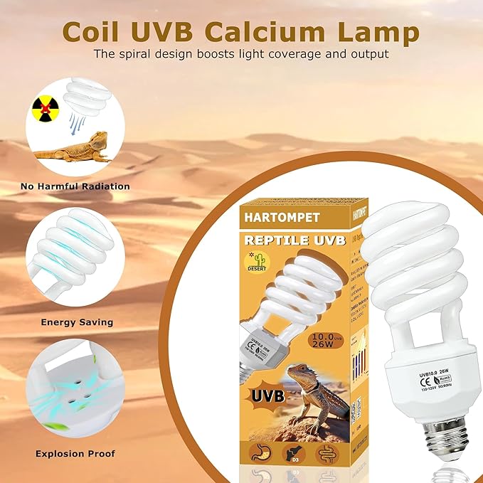 HARTOMPET UVB 10.0 Reptile Light 26W, Compact Fluorescent Coil Lamp for Desert Terrariums, Ideal for Tortoises, Iguanas & Other Sun-Loving Reptiles