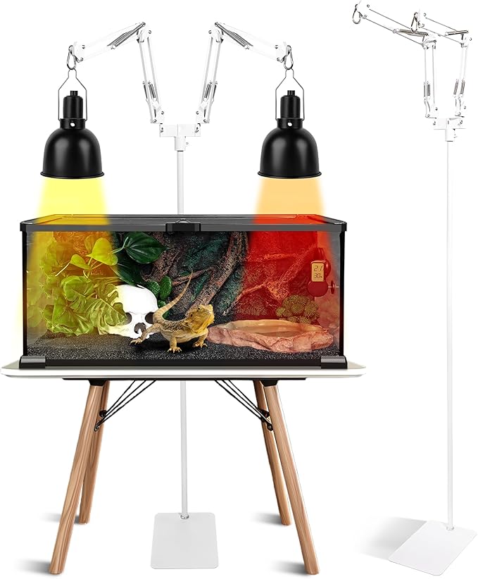 Dual Reptile Light Stand, Heat Bulb Stand (15.7 to 74.3 inch) with 2 Adjustable 360° Swing Arms for Terrarium, Reptile Heat Lamp Stand for Bearded Dragons, Turtles, and Chameleons (White)
