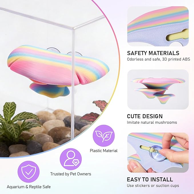 Mushroom Reptile Tank Decor, Mushroom Climbing and Resting Platform Habitat for Tree Frog Terrarium, Reptile Ledge for Leopard Gecko, Lizards, Fish, Turtle, Hermit Crab (Colorful)