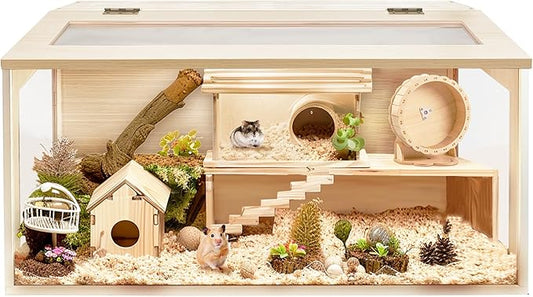 PROLEE Hamster Cage with Chewproof Wood Top, Guinea Pig Cages, Hamster Habitat with Clear Acrylic Sheets Solid Built, Small Animal Cage (Oak, 40X19.5X19.5 inch)