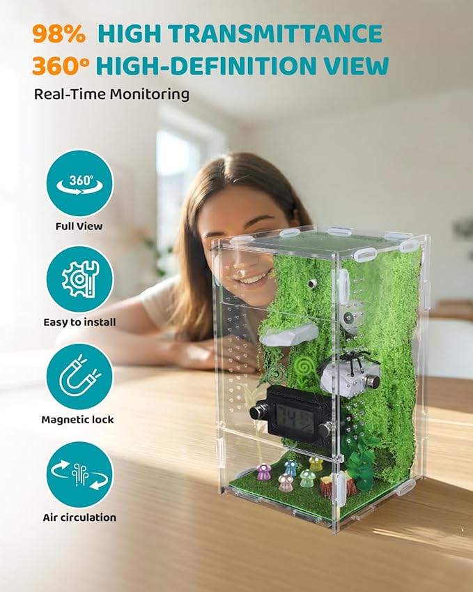 DIY Jumping Spider Enclosure, 4.7"x4.7"x7.9" Escape-Proof Spider Terrarium, Small Invertebrate Acrylic Accessories Set, with Temperature and Humidity Detector, Platform and Hide, Tweezer, Feeding Bowl
