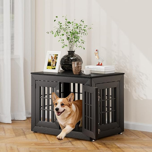 Snuowu 32" Heavy Duty Dog Crate Furniture for Small,Medium and Large Dogs,Rustic Wooden Dog Cage Kennel Indoor Furniture with Waterproof Top,Decorative Pet House Side End Table (Black)