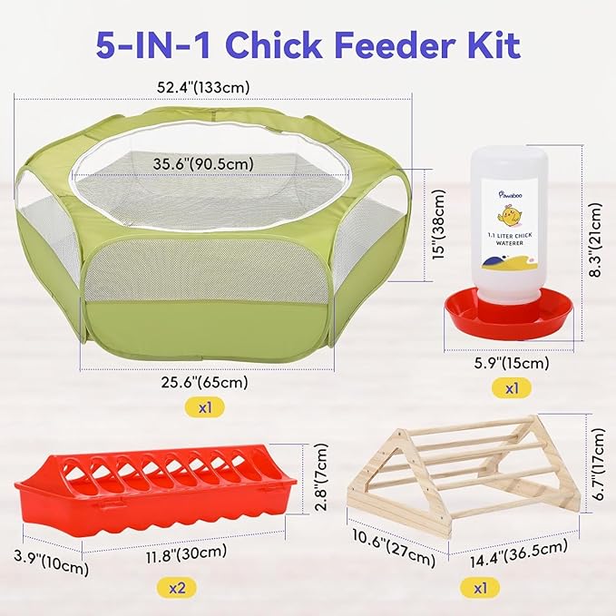 Pawaboo Chick Brooder Box for Chick Starter Kit, Brooder Pen/Chicken Supplies Brooders Box with Chicks Perch Brooding Up to 15 Chicks, Duck and Quail, Green + Red + Wood Color
