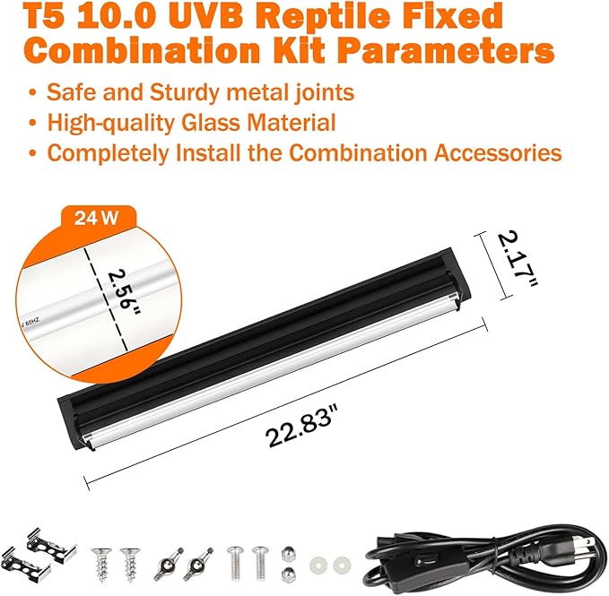 T5 10.0 UVB Reptile Light Fixture, 24W 22" T5 UVA/UVB Fluorescent Tube Bulb for Bearded Dragon, Tortoise, Leopard Gecko, Desert Lizards