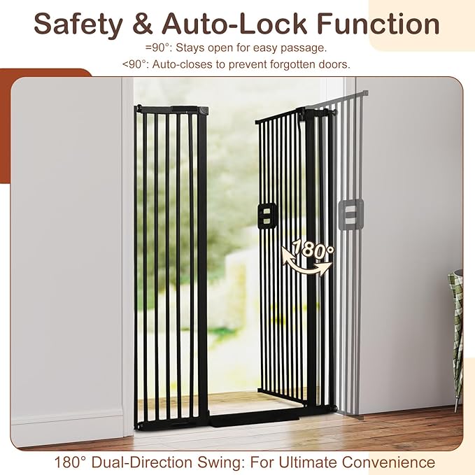 SMONTER 55" High Extra Tall Baby Gate, Safety Cat Gate for Doorways, Expands to 38.6"-42.5" Wide, Auto Close Dog Gate, No Drilling Pressure Mounted Cat Fence, Pet Gate Indoor for Stairs, Black