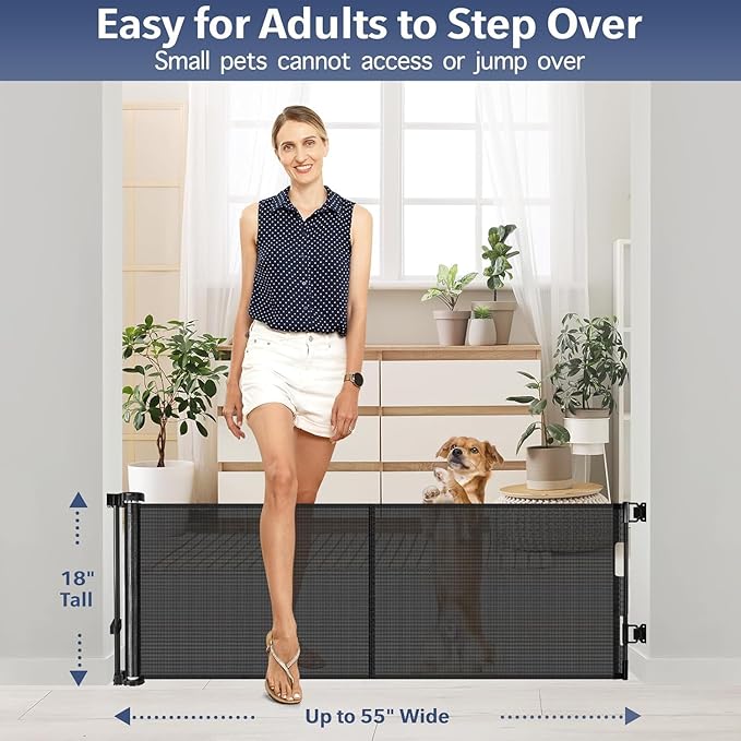 Reinforced 18 Inch Tall Retractable Dog Gate for Stairs, 55" Wide Step Over Pet Gate for Doorways, Small Pet Gate Retractable Gate Indoor/Outdoor Short Gate for Small Dogs - No Bottom Squeeze, Black