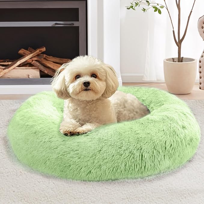 JOLLYVOGUE Calming Dog Bed Medium Size Dog, 31in Donut Washable Medium Pet Bed, Anti-Slip & Anti-Anxiety Fluffy Faux Fur Round Dogs Bed, Fits up to 45 lbs Pets (Light Green)