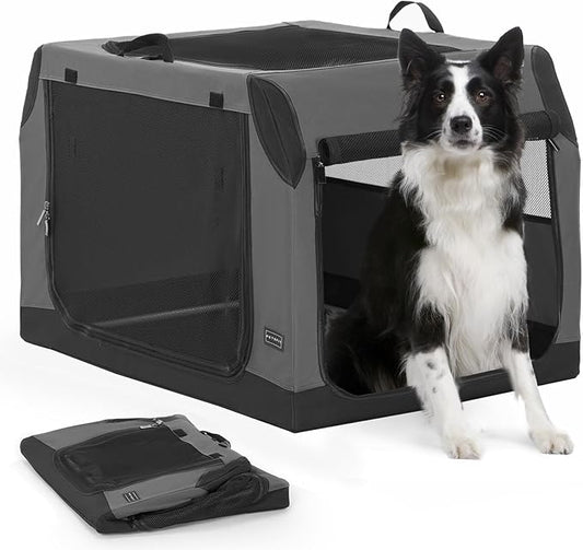 PETSFIT Dog Travel Crate, Soft Sided Dog Crate - 36 Inch Sturdy Adjustable Structure, Easy to Set Up, Collapsible Dog Crate for Car, Light Tough with 3 Mesh Doors Gray