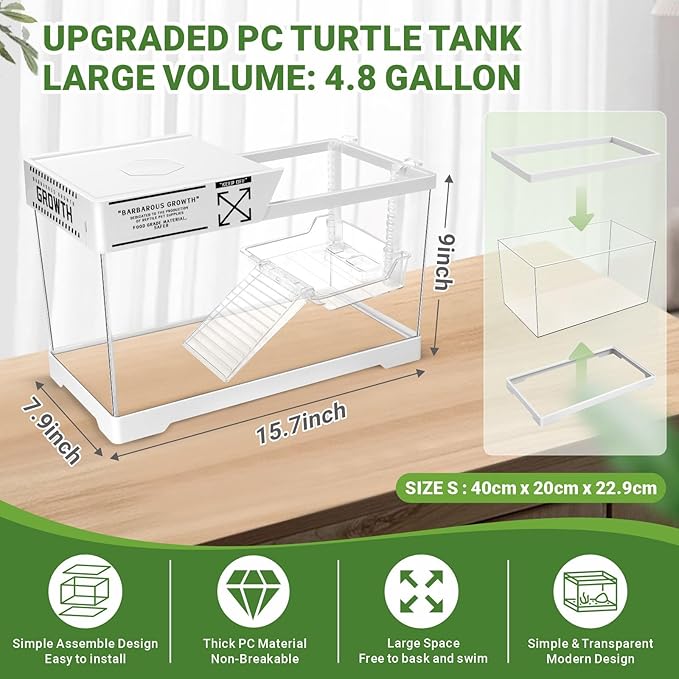 GOZILLA Aquatic Turtle Tank Kit+Lamp+Filter, Upgrade PC Turtle Tank Starter Kit with Adjustable Lamp & Filter,Reptile Habitat with Lid,Hanging Platform for Small Reptiles.(15.75×7.9×9''/White Kit)