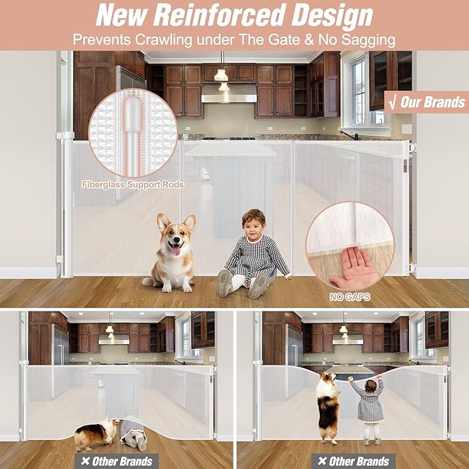 Reinforced 42" Extra Tall x 75" Wide Retractable Gate with Support Rods - Prevent Crawling Under Extra Tall Baby Gate Retractable Dog Gate Indoor Long Dog Gate Outdoor Retractable Pet Gate, White