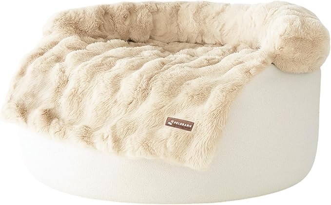 Pelsbarn Dog Bed for Couch, Luxurious Sofa Bed for Dogs with Non-Slip Oxford Bottom - Faux Rabbit Fur with Removable Cover, Small, Beige - 28x28 in