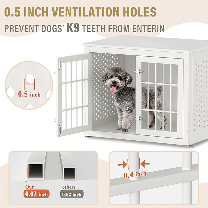 rehomerance 32" Heavy Duty Dog Crate Furniture for Small and Medium Dogs, Metal Kennel for High Anxiety Dogs, Chew Proof Pet Cage Indoor, Decorative Dog Kennel End Table, White