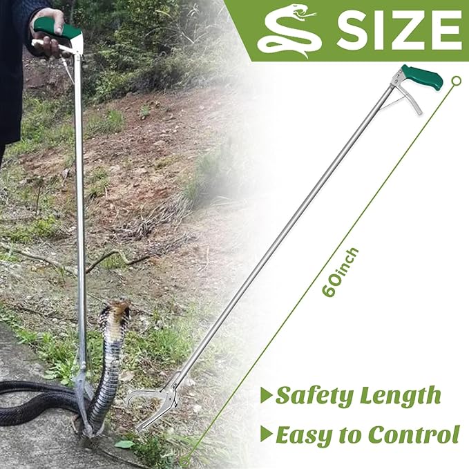 HOMEYA 60" Professional Snake Tongs Extra Long Heavy Duty Reptile Rattle Snake Catcher Wide Jaw Handling Tool Stainless Steel Snake Grabber Outdoor Snake Catcher Tool with Lock, Non-Slip Grip Handle
