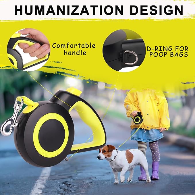 enrgticdg Retractable Dog Leash,Night Reflection,Light Weight Leash for Small to Medium Dogs/Cats,Stainless Steel Spring,Strong Nylon Tape, One-Handed Brake (Black-Yellow)
