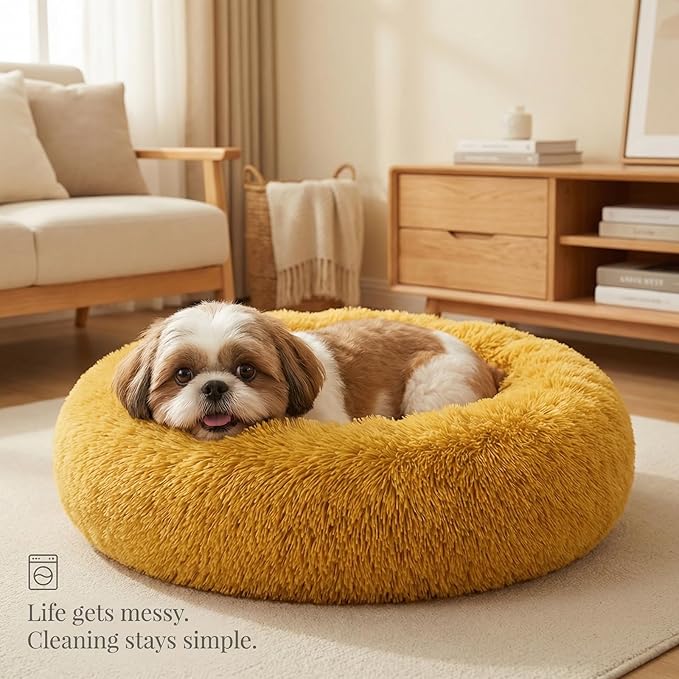 Calming Donut Dogs Beds for Small Dogs Washable,23inch Plush Round Pet Bed for Cozy Sleep,Fluffy Faux Fur Large Cat Bed,Fits up to 25 lbs Pets,Orange