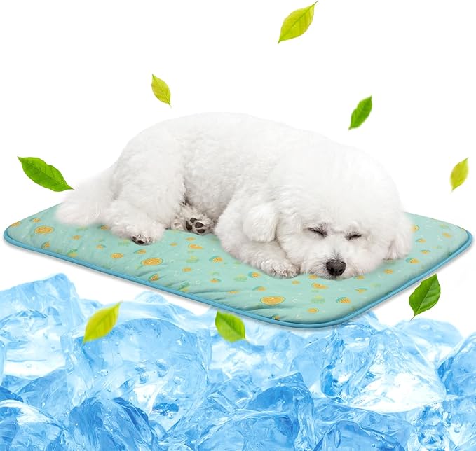 NWK Pack of 4 Pet Cooling Mat -Q-Max>0.345 Ice Silk Cooling Mat for Dogs & Cats Portable & Washable Pet Cooling Blanket, Car Seats, Beds for Summer (4pcs, Green Fruit, 27'' X 20'' X 0.3'')