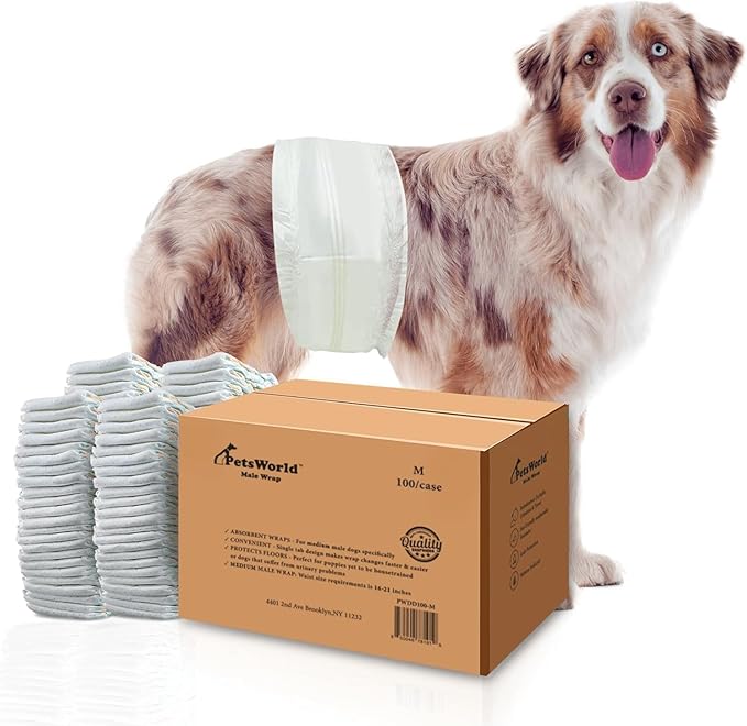 PetsWorld Dog Diapers Male Medium 200 Count Disposable Male Dog Wraps – Super Absorbent Belly Bands with Wetness Indicator, Fur-Friendly Adjustable Fit for Incontinence & Training (Waist 16–21 in)