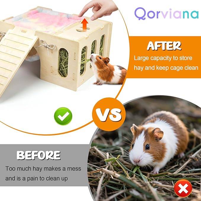 4 in 1 Upgraded Guinea Pig Hideout, Large Guinea Pig Castle with Hay Feeder, Hammock, House and Ramp, Easy to Assemble Wooden Guinea Pigs Toy for Chinchilla Rabbit Guinea Pigs Accessories