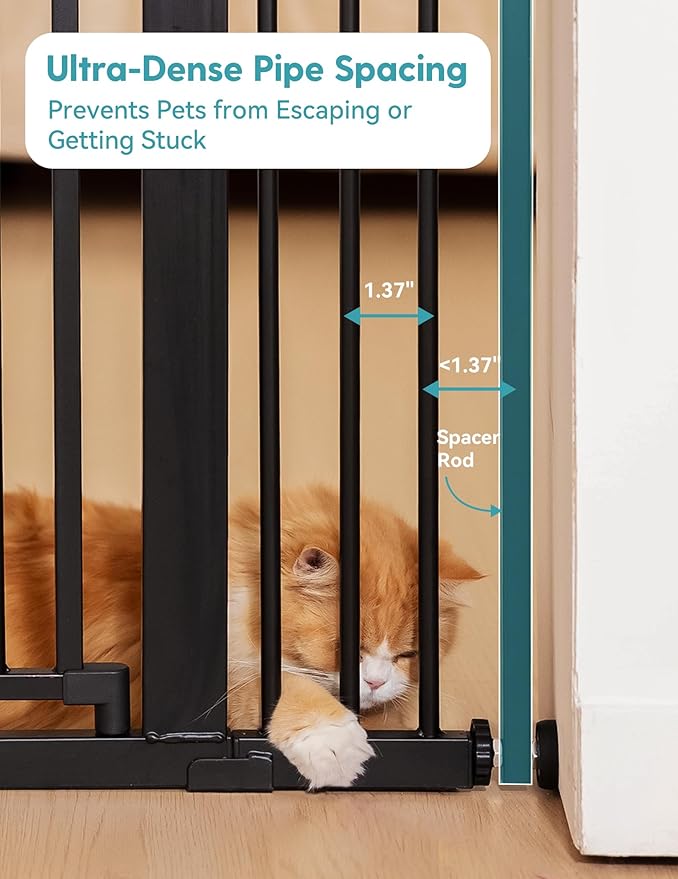 No Pawblems 71" Extra Tall Pet Gate for Cat, 29-43" Auto Close Cat Gate for Doorways/Stairs/Hallways, NO Drilling Pressure Mounted Tall Dog Gate Indoor, 1.37" Pet-Safe Gap, Black
