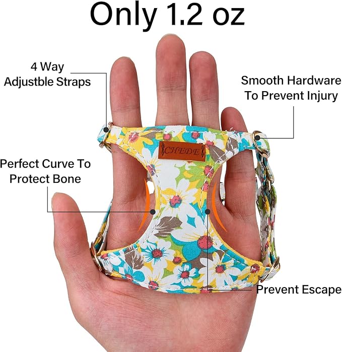CHEDE Floral Yellow Daisy Dog Harness (XS, Small Dogs), Soft Breathable Cotton, Adjustable, No-Pull, with 360° Rotating Clasp Leash, Ideal for Walking, Jogging, Training