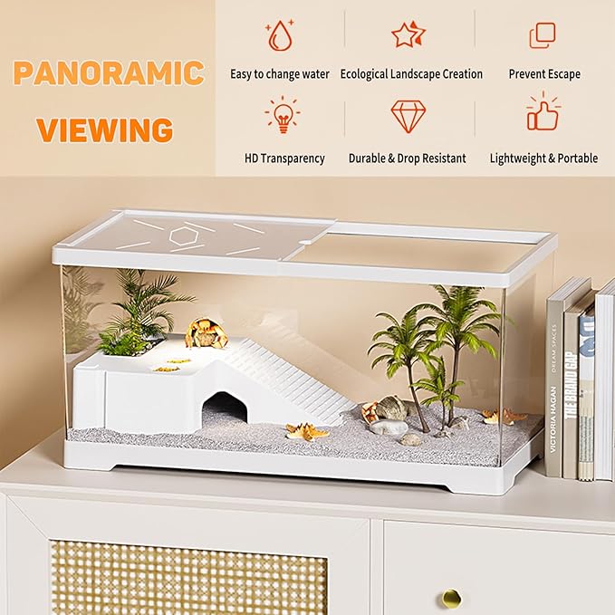 Turtle Fish Tank with Basking Platform and Bottom Drainage, 20" x 9.5" x 9.5" Aquatic Turtle Tank for Juvenile Turtle, Crayfish, Crabs, Amphibians, Reptiles, PC Material, White Color