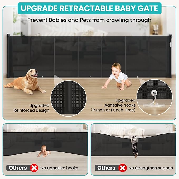 Upgrade Retractable Baby Gates Extra Wide (120" W x 42" H), 120 inch Reinforced Retractable Dog Gate to Prevent Crawling Through, Retractable Gate Outdoor/Indoor, Real One-Handed Operation, Black