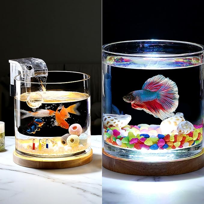 Aquarium Starter Kits 0.81-Gallon Fish Tank（6 inches） for Beginner Cylindrical Betta Fish Bowl with Wooden Base LED Light Water Pump Accessories Self-Cleaning Filter Copyright Patent