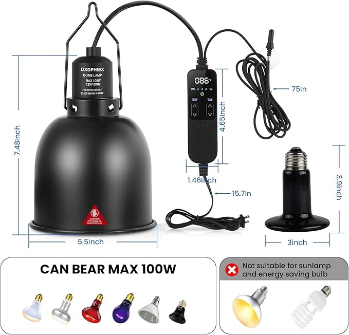 DXOPHIEX 5.5inch deep Reptile Light Fixture Reptile Heat lamp with Thermostat, max 100W Fixture with 100W Ceramic Heat Emitter for Turtle, Frog, Gecko, Snake, Lizard, Bearded Dragon