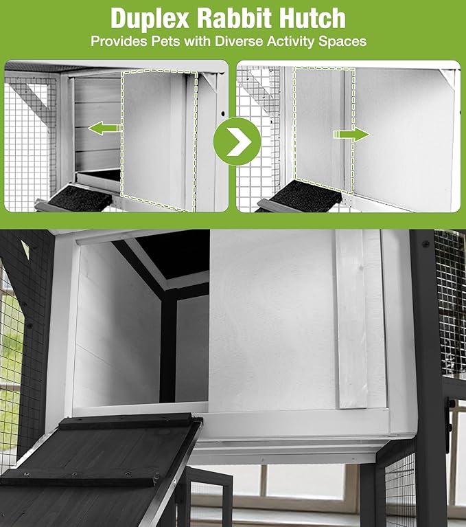 GUTINNEEN Duplex Rabbit Hutch Indoor with Chew-Proof Frame & 2 Leak-Proof Sliding Trays, Rain Cover, Wooden Guinea Pig Cages with Wheels - Black and White