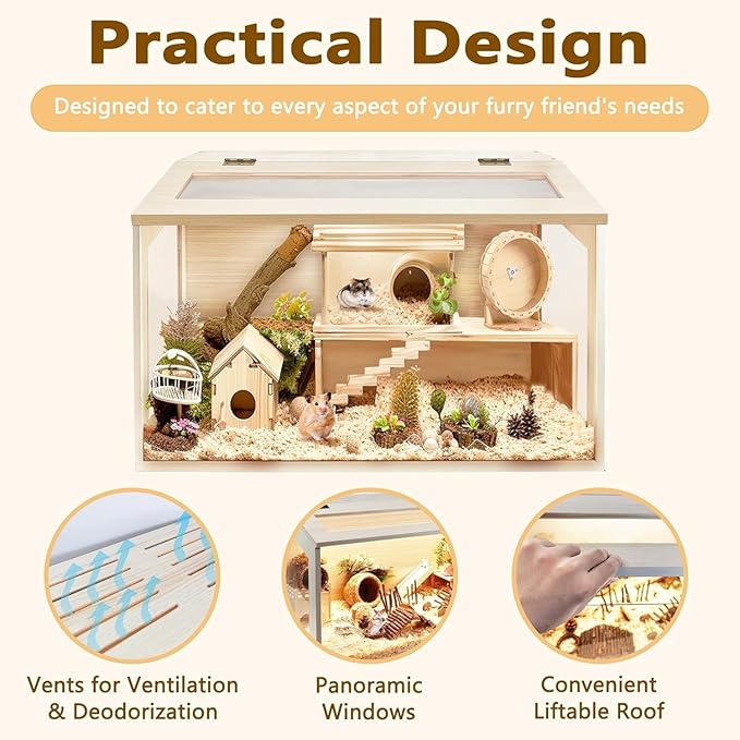 PROLEE Hamster Cage with Chewproof Wood Top, Guinea Pig Cages, Hamster Habitat with Clear Acrylic Sheets Solid Built, Small Animal Cage (Oak, 32X15.5X15.5 inch)