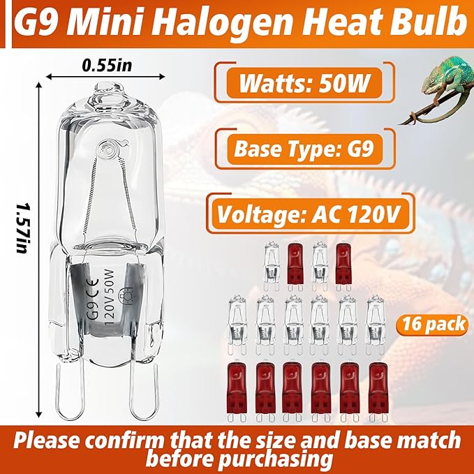 16 PCS G9 Halogen Bulb, Mini Halogen Bulb 50W, Reptile Heat Lamp for Bearded Dragon Gecko Turtle Lizard