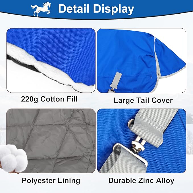 Horse Care Blanket Foal Mini Horse Size 47"-55" Winter 1200D Premium Turnout Horse Blanket with 220g Polyfill,Medium Weight Waterproof Sheets (Blue, US 51 inch (EU 100 cm))