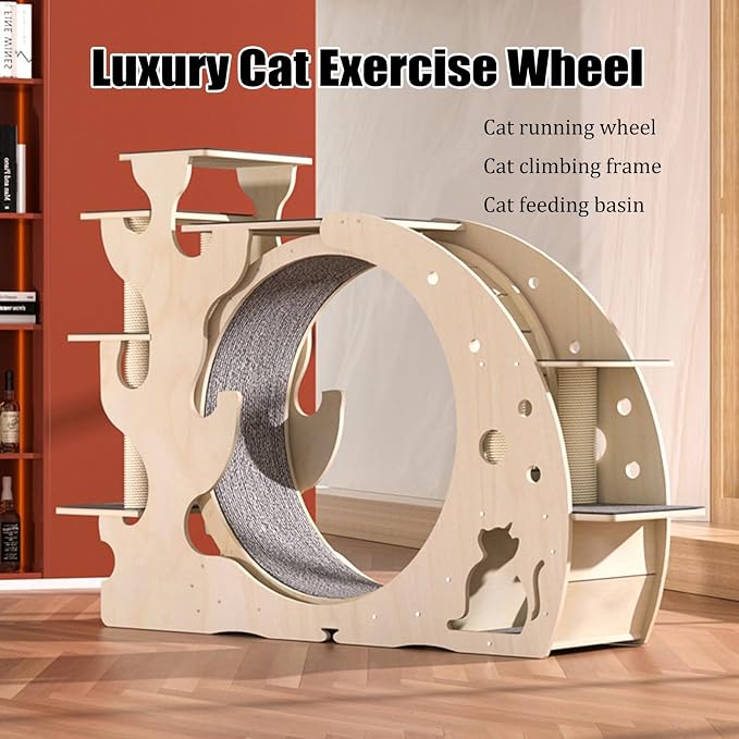 Luxury Solid Wood Cat Wheel Toy, Cat Exercise Treadmill, Large Cat Climbing Frame with Running Wheels, Easy to Assemble Cats Toys - Image 2