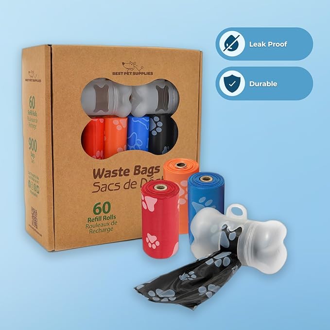 Best Pet Supplies Dog Poop Bags for Waste Refuse Cleanup, Doggy Roll Replacements for Outdoor Puppy Walking and Travel, Leak Proof and Tear Resistant, Thick Plastic - Assorted, 900 Bags