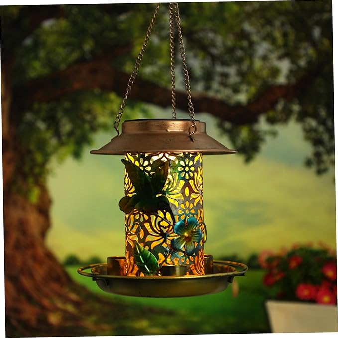 VANZACK Solar Bird Feeder Sturdy Metal Design for Outdoors Unique Hanging Bird Feeder with Elegant Patterns Water Cup for Attracting Garden Birds