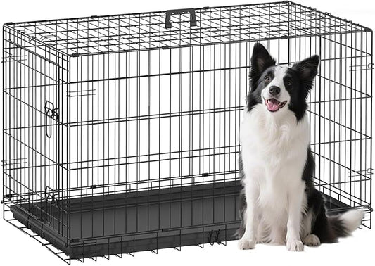 FDW Large Dog Crate 42inch Dog Cage Foldable Metal Kennel with Leakproof Tray Foldable Design Indoor Outdoor Use for Large Dogs,Black