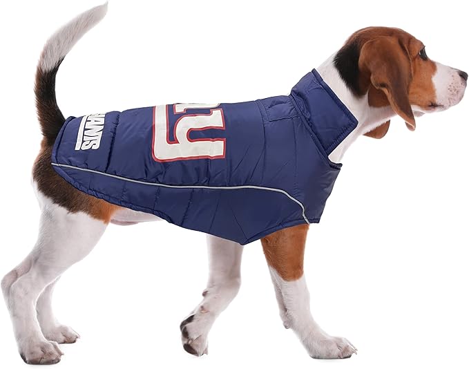NFL New York Giants Puffer Vest for Dogs & Cats, Size Small. Warm, Cozy, and Waterproof Dog Coat, for Small and Large Dogs/Cats. Best NFL Licensed PET Warming Sports Jacket