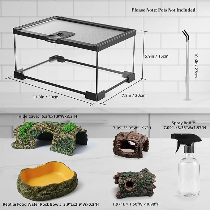 12"x8"x6" Mini Reptile Glass Terrarium Set (7 Pcs) Full View Hermit Crab Tank, Habitat Enclosure with Feeding Slot & Lock for Lizard, Bearded Dragon, Snake, Amphibians & Small Pets