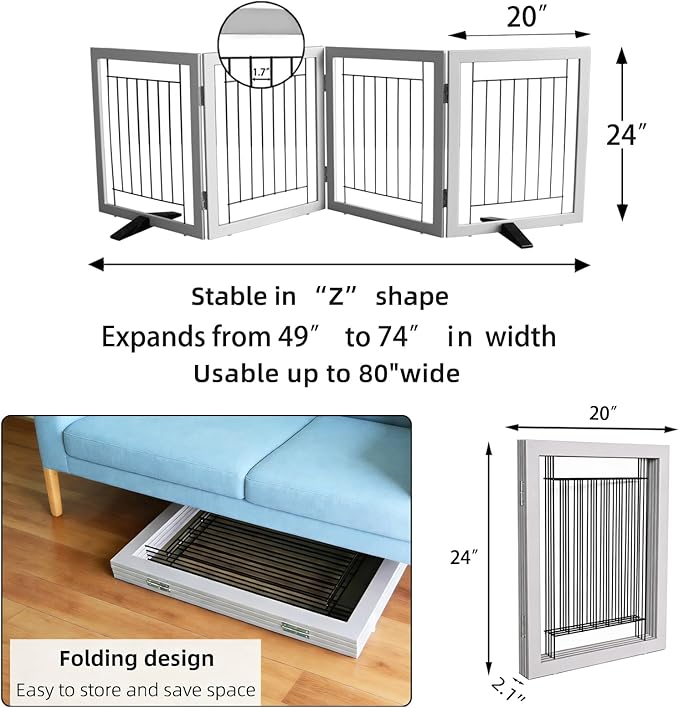 ZJSF Freestanding Dog Gate Indoor, Foldable Dog Fence for Doorways,Hallways or Stairs, Sturdy Wood Extra Wide Pet Gate with Support Feet,Grey,24 "Height-4 Panels