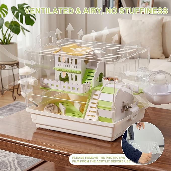Loungewave Acrylic Hamster Cage, 2-Tier Gerbil Cage with Wooden Wheel, Small Dwarf Hamster Cage Habitat, Garden Mouse Cage for Pet Mice, Clear View Inside Easy to Clean, Green