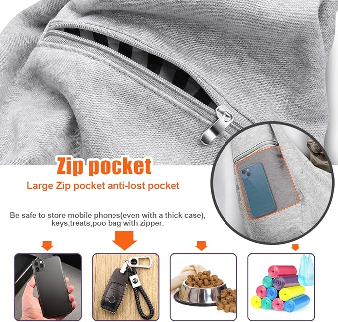 Tomkas Small Dog Sling Carrier - Zipper Pocket & Adjustable Strap & Zip Pocket - for 3-10 lbs Pets (Grey, M - Classic Pocket & Classic Strap)